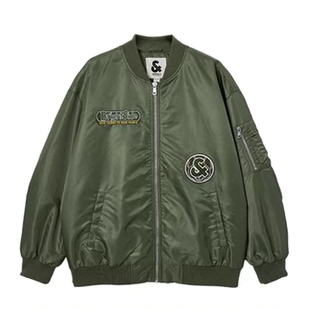 JJ国内代购绿色黑色棒球领字母宽松休闲飞行员棉服男 225309007
