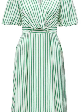 VM国内代购绿色蓝色V领条纹高腰休闲中长连衣裙女 32327B033