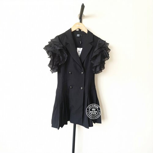 VM国内代购黑色拼接层次荷叶边袖收腰西装裙连衣裙女 3242SZ003