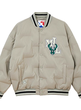 JJ国内代购绿色棒球领联名款百搭宽松休闲短款羽绒服男 224112024