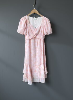 OL国内代购粉色花色V领收腰荷叶边中长雪纺连衣裙女 123207122