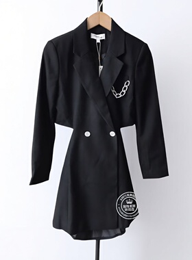 VM国内代购黑色双排扣露腰西装式长袖连衣裙女 32237D022