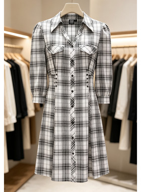 VM国内代购黑色白色拼色格纹修身收腰七分袖连衣裙女 3233SZ055