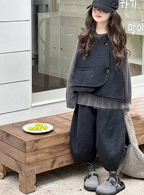新款女童秋冬韩版呢马甲两件套