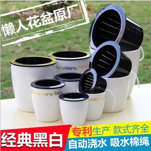 懒人花盆自吸水仿陶黑白色小花盆 食虫草多肉水培办公懒人专用盆