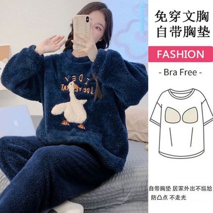 带胸垫珊瑚绒睡衣女冬季蝴蝶口袋加绒加厚法兰绒毛绒冬天家居服