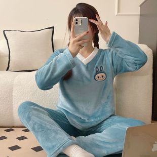 毛绒绒睡衣女秋冬季 加厚珊瑚绒套头学生宿舍保暖法兰绒家居服套装