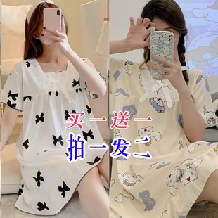 睡裙女夏季 宽松宿舍家居服可外穿 买一送一过膝长裙甜美风薄款 短袖