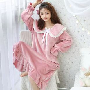 法兰绒睡裙女冬季韩版长款珊瑚绒睡衣女秋清新学生可爱家居服
