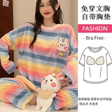 带胸垫珊瑚绒睡衣女冬季蝴蝶口袋加绒加厚法兰绒毛绒冬天家居服