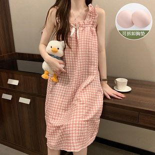 韩版碎花吊带睡裙少女夏季棉质甜美可爱公主风带胸垫宽松大码睡衣