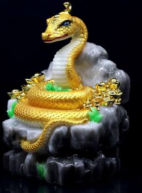 12,16真身黑蛇黄蛇仙神像玉石生肖招财元宝蛇保家居手工艺品