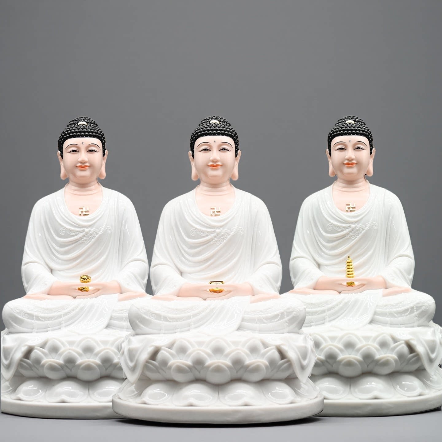 新款汉白玉仿瓷三宝佛释迦牟尼佛桌面摆件