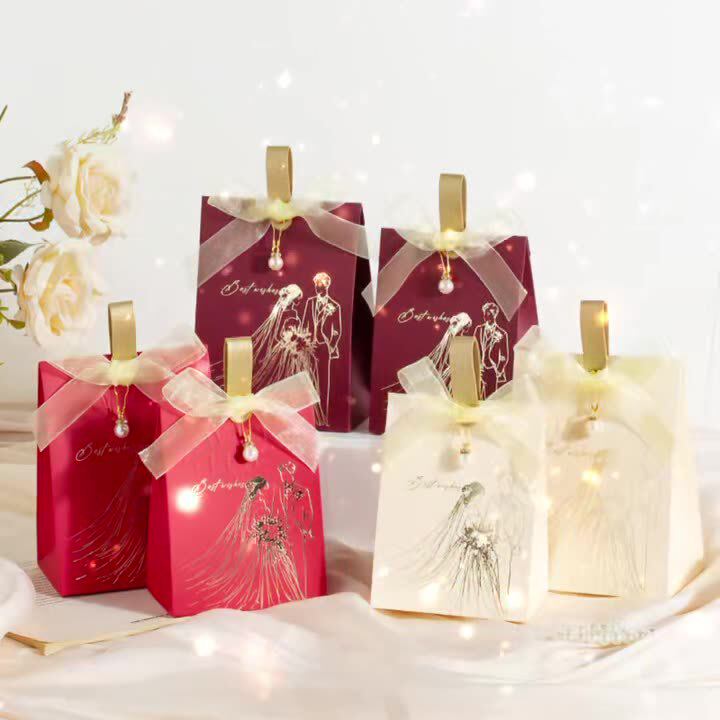 跨境2025新款浪漫婚纱结婚喜糖盒手提香槟色高级感创意浮雕喜现货