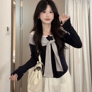 太愛啦!!【綁帶假兩件】韓系校園風長袖t恤INS超火秋冬顯瘦打底衫