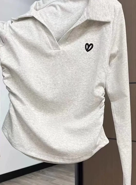 白色POLO领长袖T恤女2025春秋季新款收腰褶皱显瘦内搭打底上衣