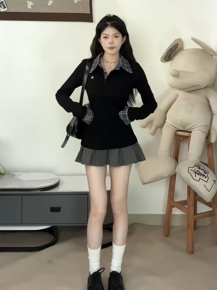 美式正肩POLO领格子长袖T恤女秋季新款修身显瘦刺绣假两件上衣潮