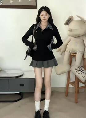 美式正肩POLO领格子长袖T恤女秋季新款修身显瘦刺绣假两件上衣潮