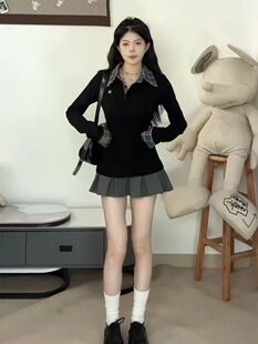 修身 美式 新款 T恤女秋季 显瘦刺绣假两件上衣潮 正肩POLO领格子长袖