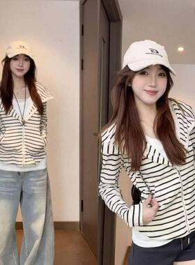 2025新款韩系早秋季条纹连帽卫衣女宽松慵懒外搭上衣休闲长袖外套