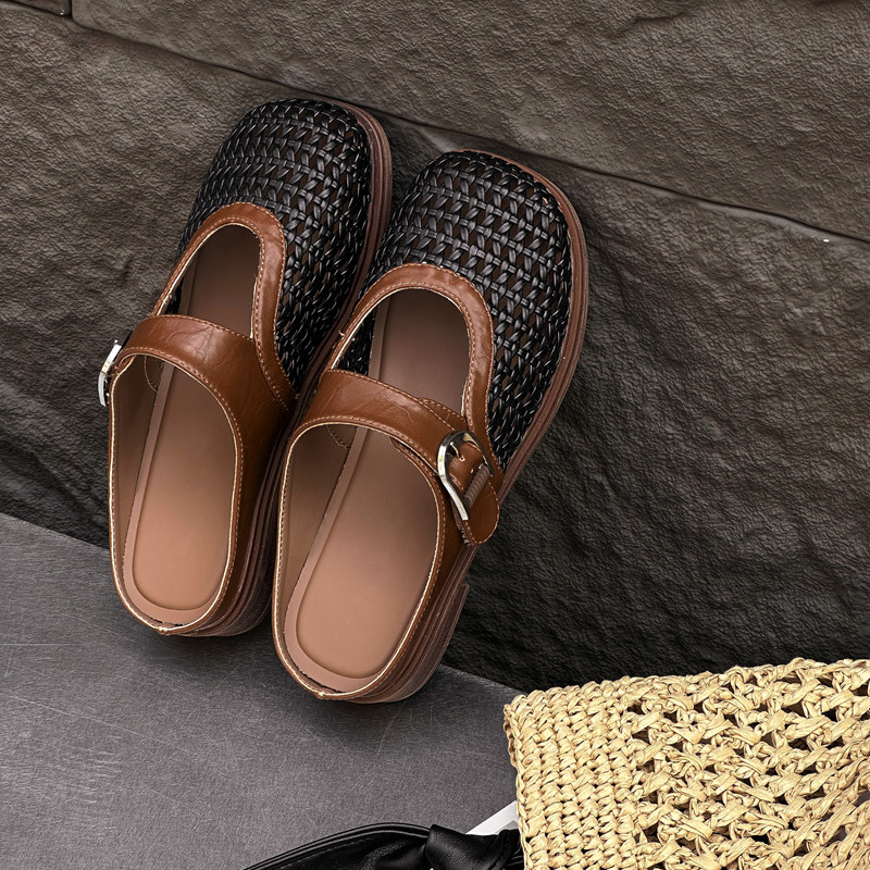 包头半拖鞋女2025新款夏季外穿透气编织平底一脚蹬配裙子罗马凉鞋