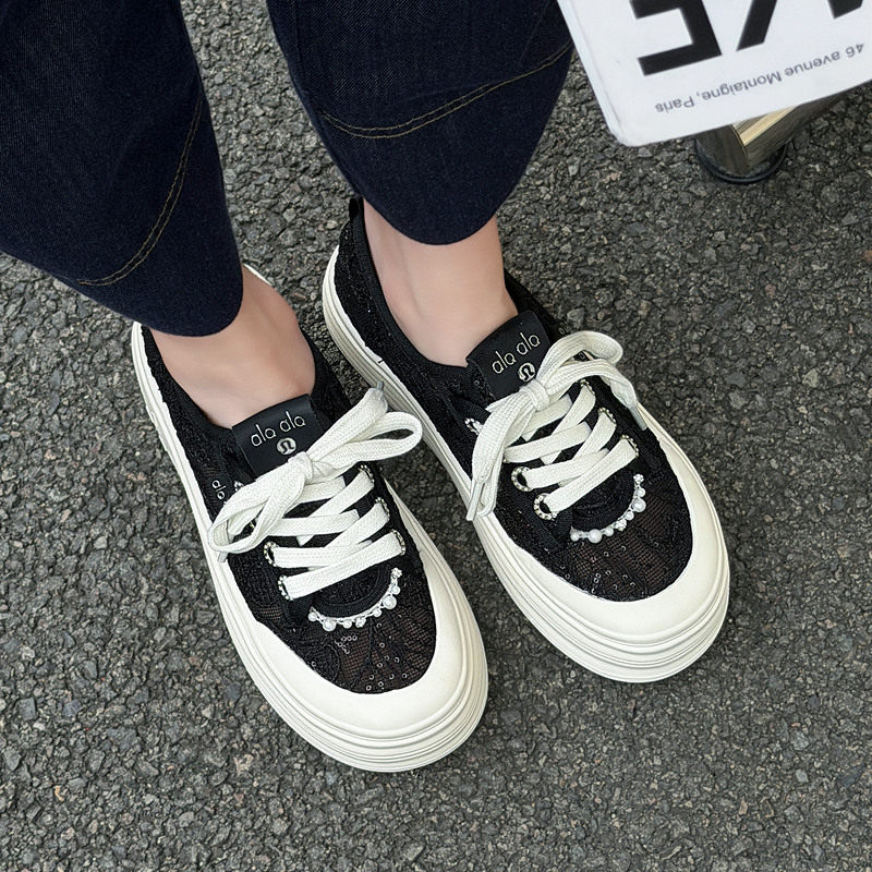 蕾丝网面厚底渔夫鞋女2026春夏季新款女士休闲鞋透气轻便小白鞋女