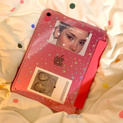 星星背卡/韩ins玫红色＋原创卡片y＋3折ipad平板保护套pro11/a16/10代翻盖air4/5/10.9寸亚克力硬壳mini7笔槽