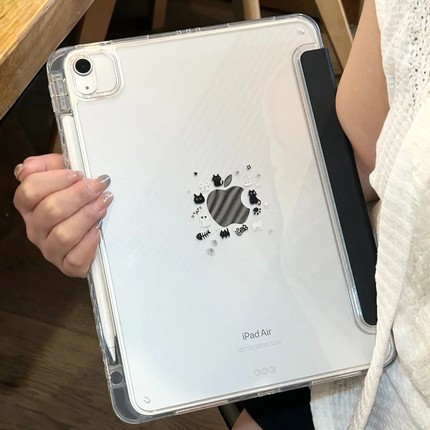 ins黑色AHa猫咪插画Y+三折适用ipad11保护套air7/6新款ipad10带笔槽11寸防摔pro13苹果平板保护壳mini7女可爱