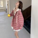 粉色格子衬衫外套女短款2025春季新款韩版学院风宽松连帽开衫上衣，女装短外套，2C028