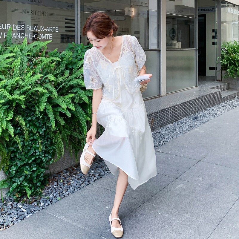 法式蕾丝刺绣吊带连衣裙套装女2025夏季新款温柔风绝美减龄两件套,女装连衣裙,2C028