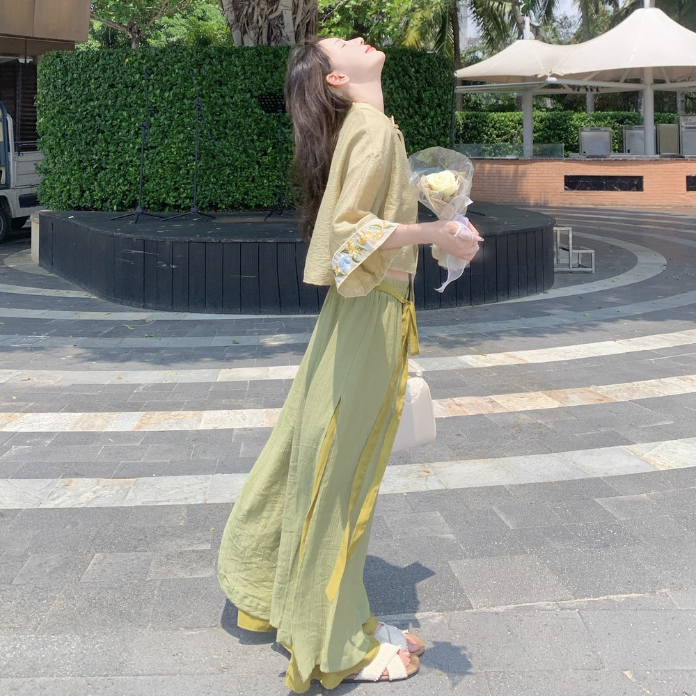 【预售】新中式国风时髦刺绣上衣套装女夏2025年新款设计感高腰裙裤两件套,女装套装/套裙,2C028