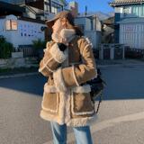 韩系chic咖色皮毛一体外套女秋冬2025超火好看加绒加厚羊羔毛夹克，女装短外套，2C028