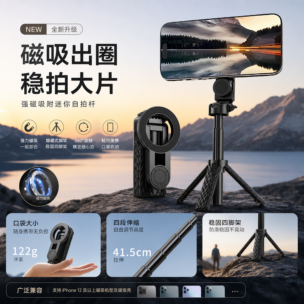 迷你磁吸蓝牙四脚架自拍杆便携