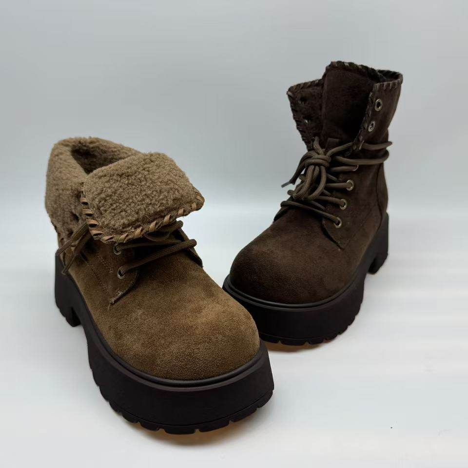 厚底增高翻毛边加绒保暖马丁靴加厚雪地靴系带绒面两穿短靴女