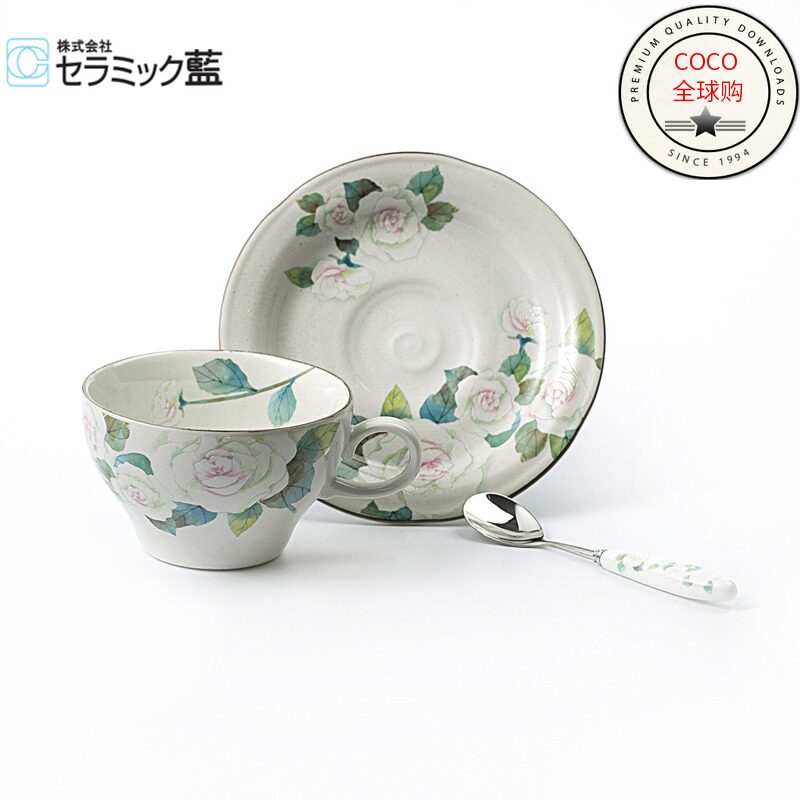 Japanese imports ceramic blue Mino ceramics teacup Saucer Coffee cup and saucer Spoon suit White Rosein the Tableware , Coffee , Mug  category - from Buy2taobao.com to provide professional Taobao agent buy service