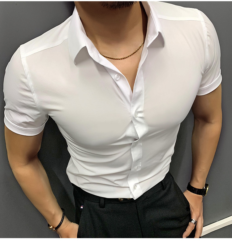 夏季新款短袖衬衫男士高弹力修身韩版职业正装休闲健身免烫衬衣潮