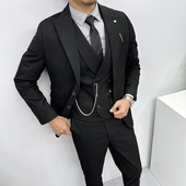 男士 条纹铁链西服三件套装 西装 结婚礼服修身 职业正装 辉先生秋冬季