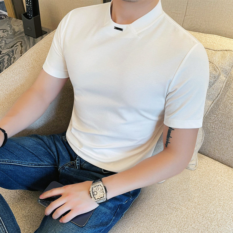 辉先生夏季男士领口金属标短袖修身弹力百搭韩版纯色半袖体恤T恤