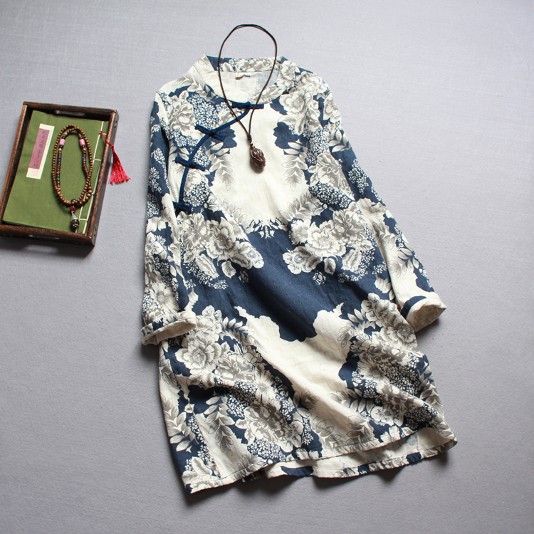 醉太极太极服女印花盘扣长裙棉麻斜襟女晨练服春季