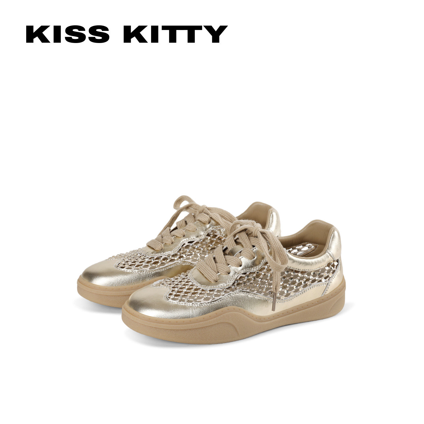 KISSKITTY金色真皮板鞋26夏季新款透气网面平底休闲鞋舒适德训鞋