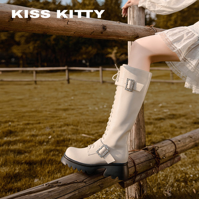 显瘦骑士靴女白色皮带扣瘦瘦靴
