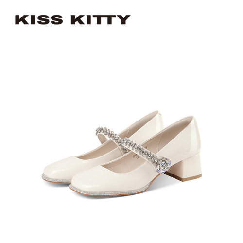 KISSKITTY方头玛丽珍鞋2026春新款法式白色单鞋珍珠粗高跟鞋女