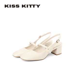 方头粗跟单鞋 KISSKITTY法式 珍珠玛丽珍鞋 新款 包头凉鞋 女26年夏季