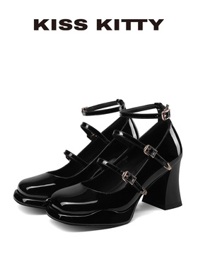 KISSKITTY法式一字带厚底玛丽珍小个子高跟鞋黑色皮带扣高跟lo鞋