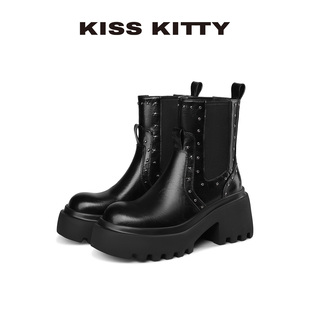 KISSKITTY切尔西靴女2025新款黑色超火英伦风铆钉瘦瘦靴短靴子