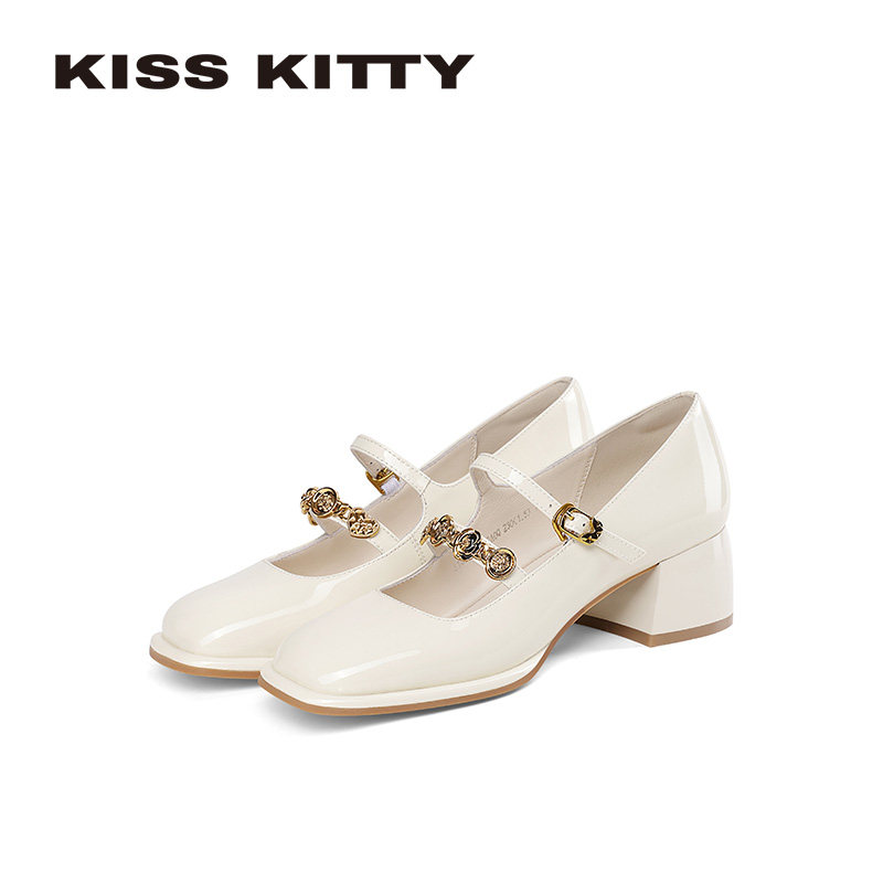 KISSKITTY幸运链 玛丽珍鞋女26春季新款粗跟方头小香风高跟单鞋