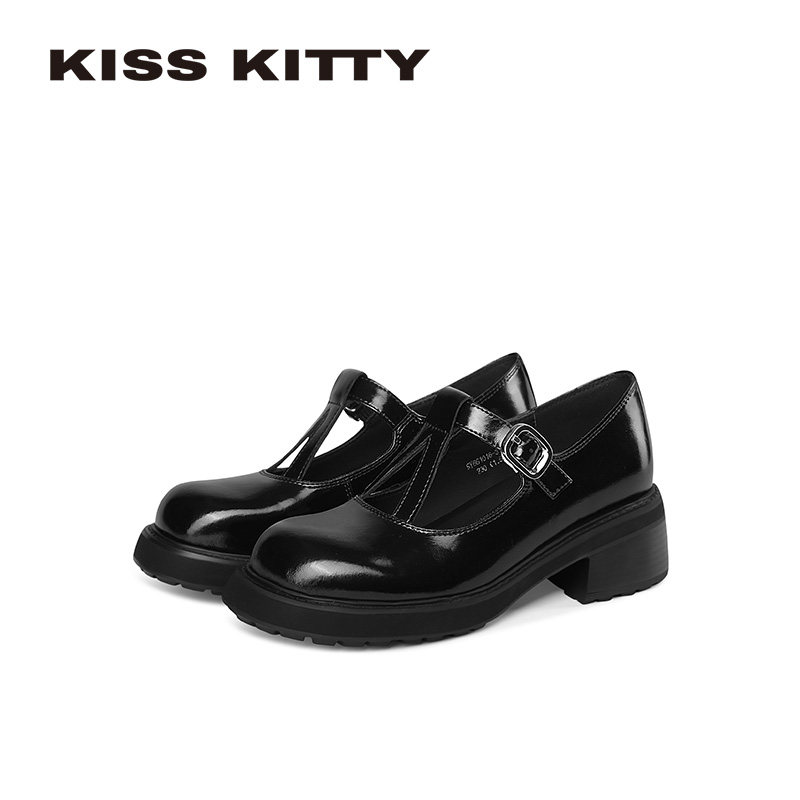 KISSKITTY粗跟玛丽珍鞋女2026春季新款休闲T字带乐福鞋增高小皮鞋