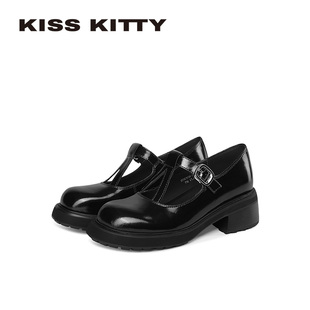 KISSKITTY粗跟玛丽珍鞋女2026春季新款休闲T字带乐福鞋增高小皮鞋