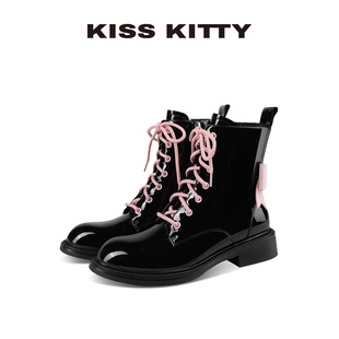 KISSKITTY拼色蝴蝶结马丁靴2025冬季 英伦风复古亮面短靴女 新款