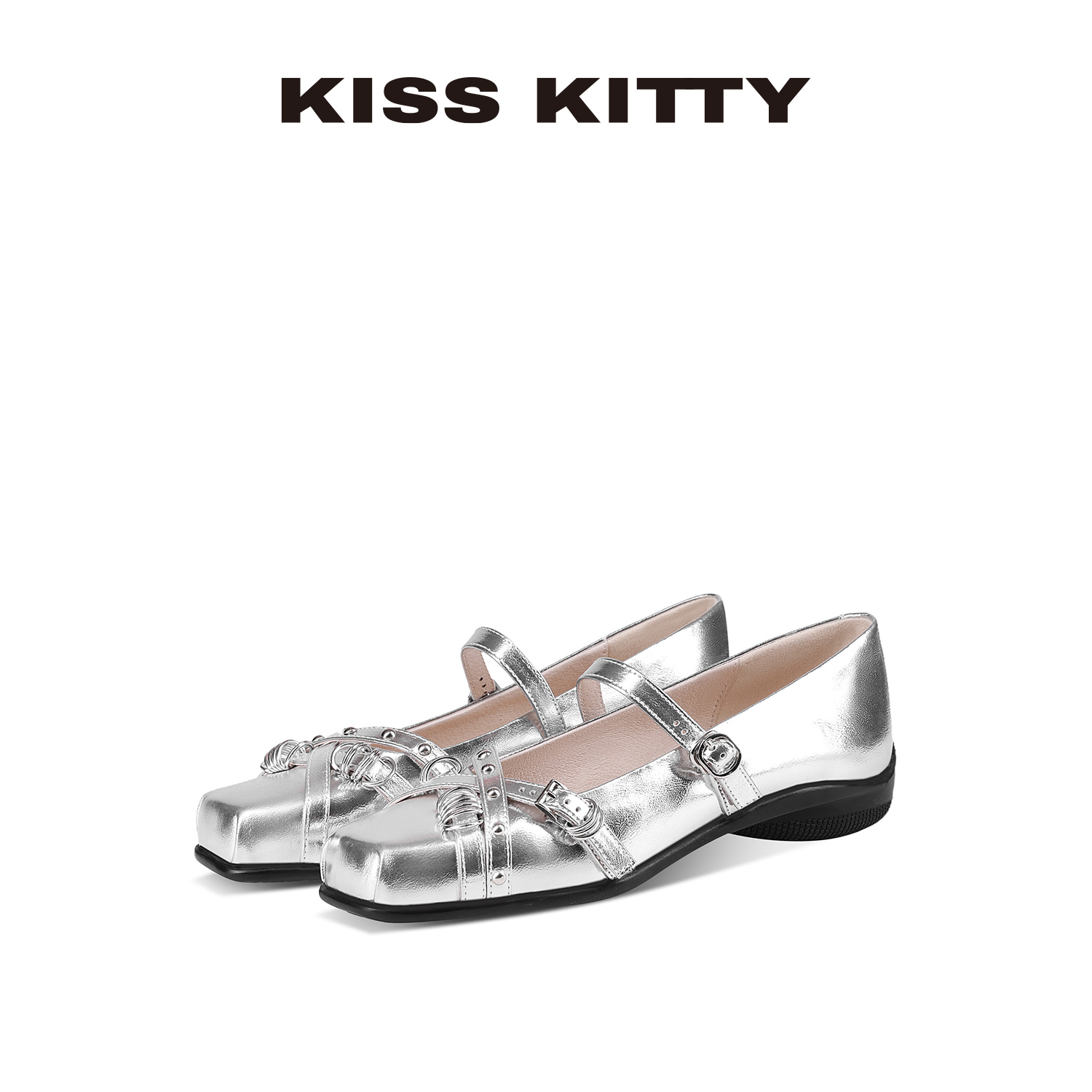KISSKITTY平底单鞋女2025秋新款方头平跟银色不累脚浅口玛丽珍